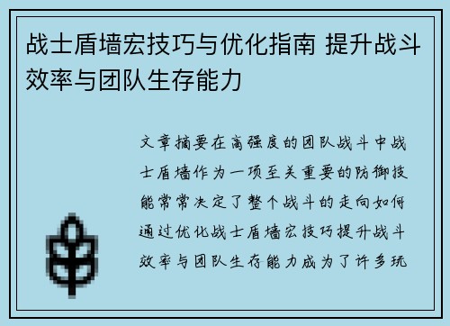 战士盾墙宏技巧与优化指南 提升战斗效率与团队生存能力